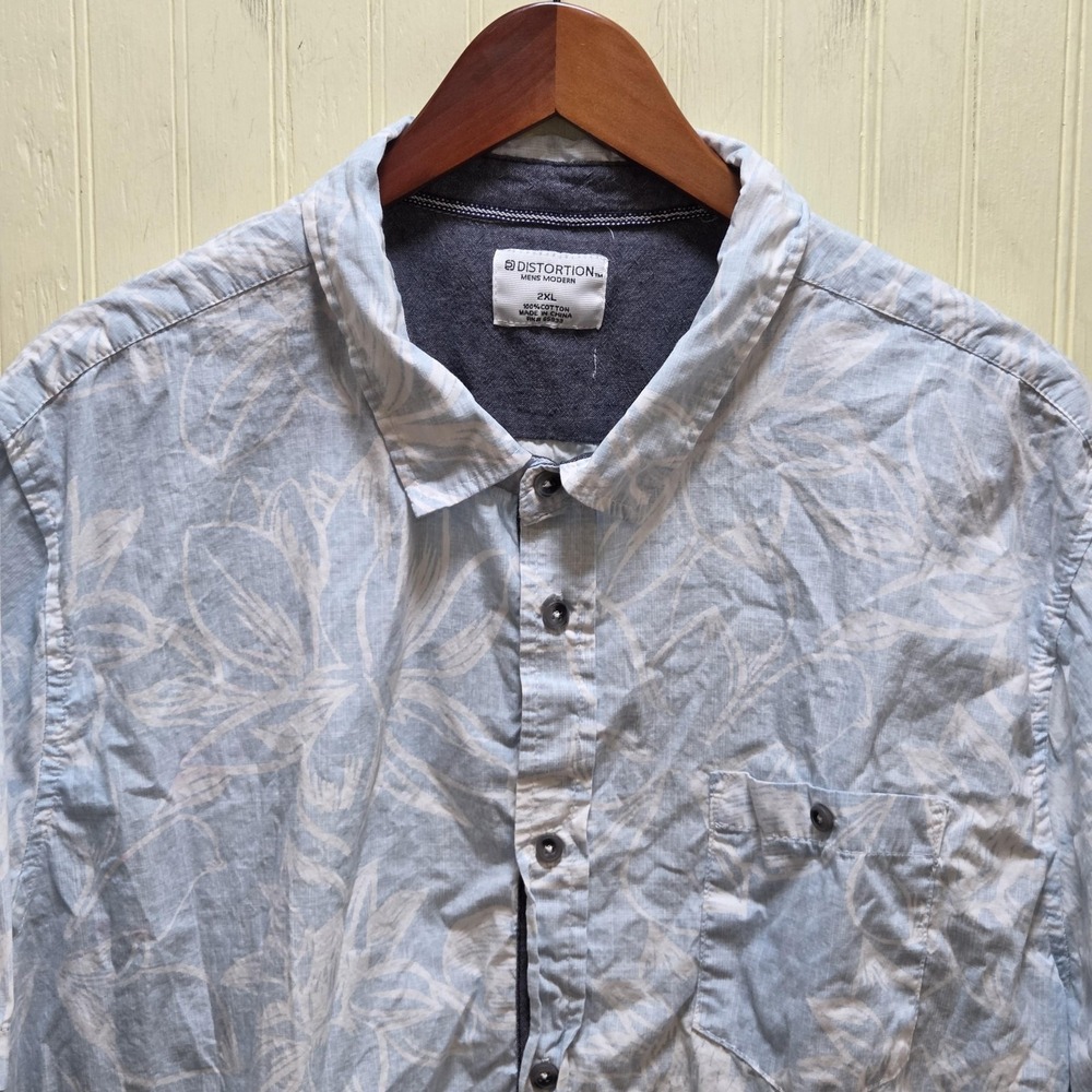 Distortion Shirt Mens 2XL Blue White Floral Short Sleeve 100% Cotton Button-Up